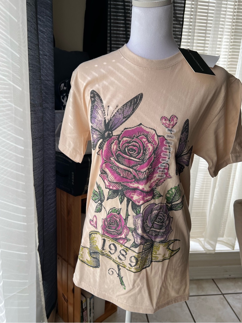Pretty Rebellious Blush Crewneck Floral Tshirt with Butterflies,size S,NWT
